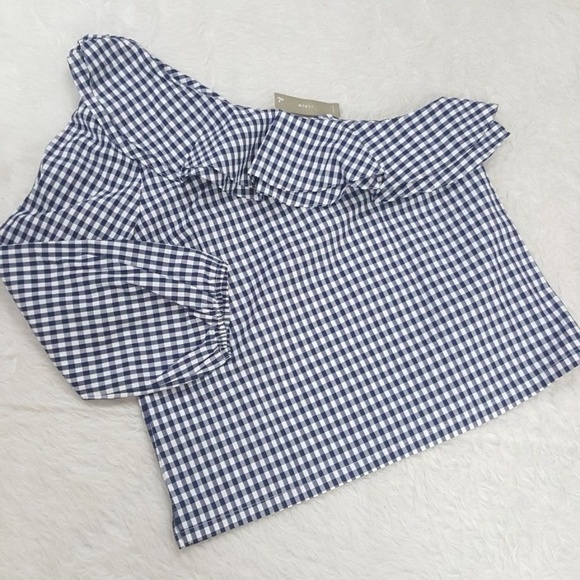 ⛔sold⛔J Crew Gingham One Shoulder Ruffle Blouse - Picture 3 of 7